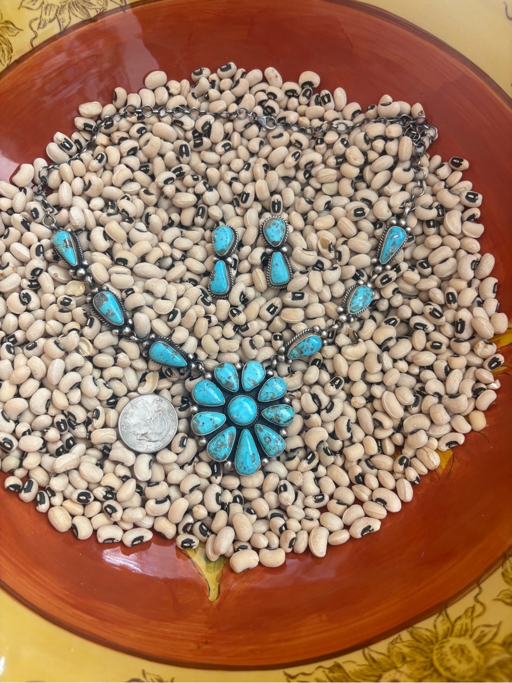 Turquoise Floral Cluster Necklace and Earrings Set - Bright Turquoise - Picture 7 of 7